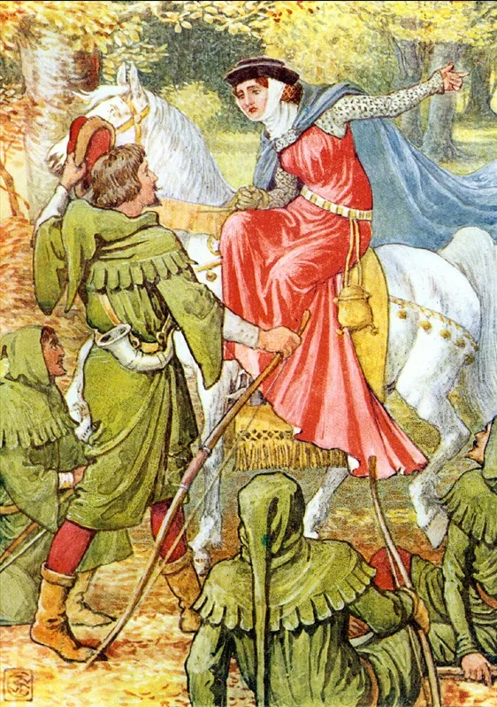 Walter Crane colour illustration of Robin Hood and his men stopping a lady on a white horse