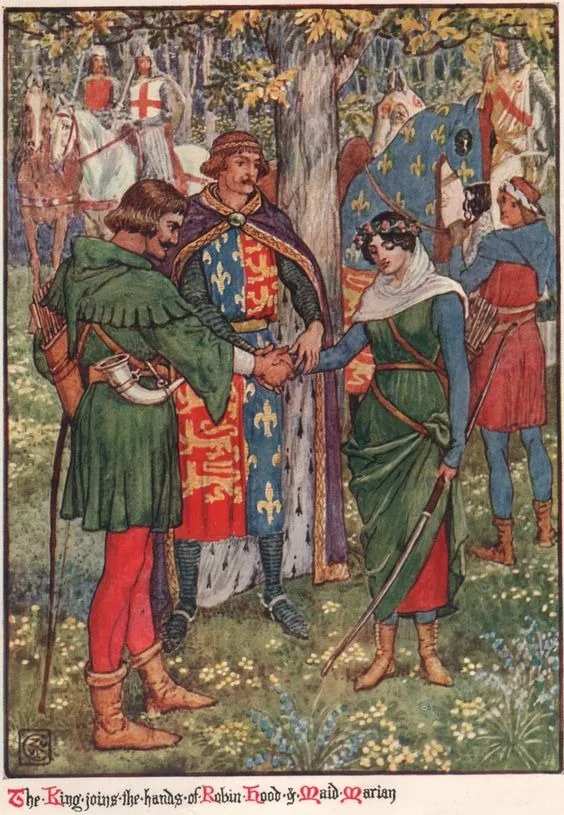 Walter Crane colour illustration of a king joining the hands of Robin Hood and Maid Marian