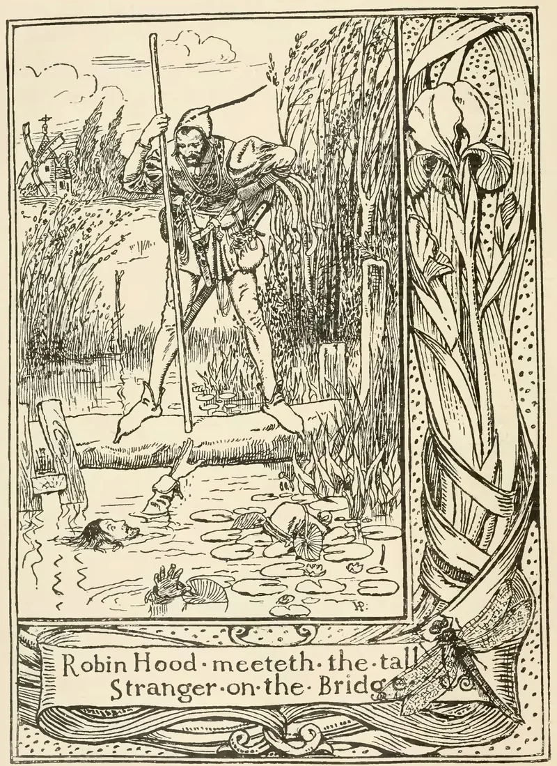 Howard Pyle pen drawing of Robin Hood and a tall stranger facing each other with staffs on a log bridge over a stream