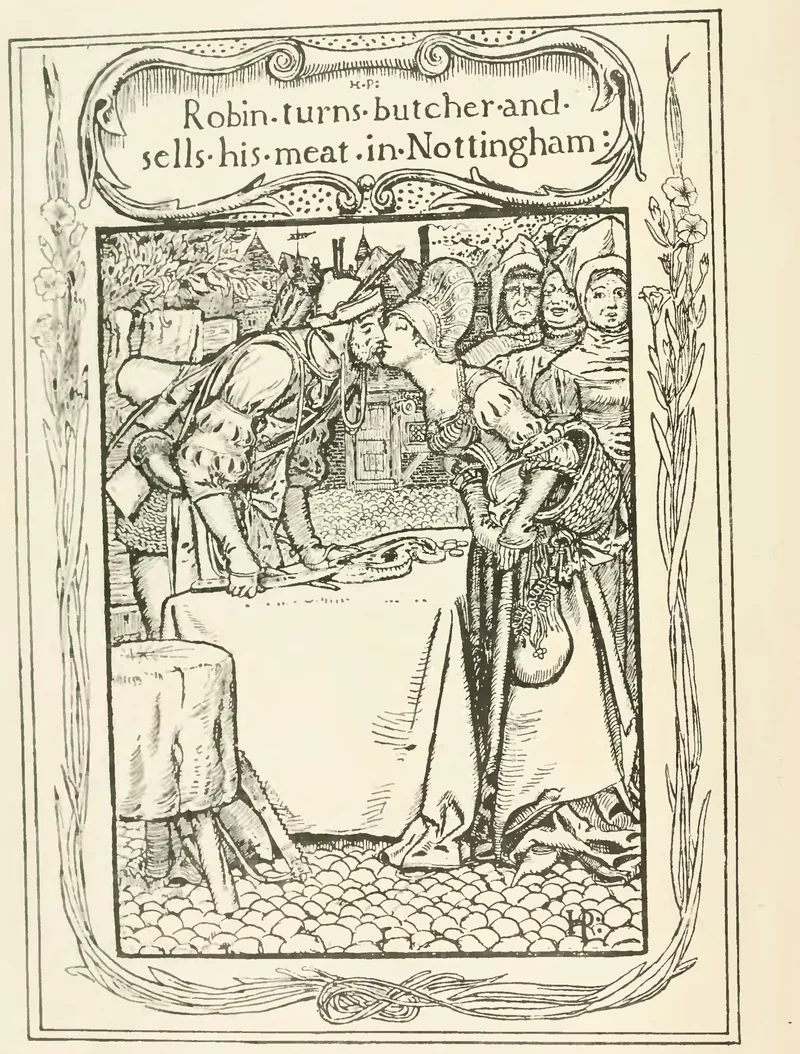 Howard Pyle pen drawing of Robin Hood selling meat from a table in Nottingham, surrounded by townsfolk