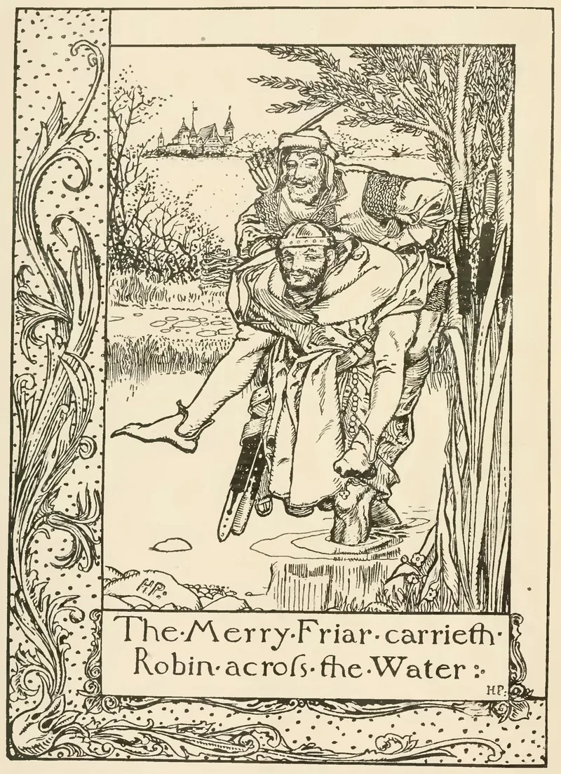 Howard Pyle pen drawing of a stout friar carrying Robin Hood across a stream on his back