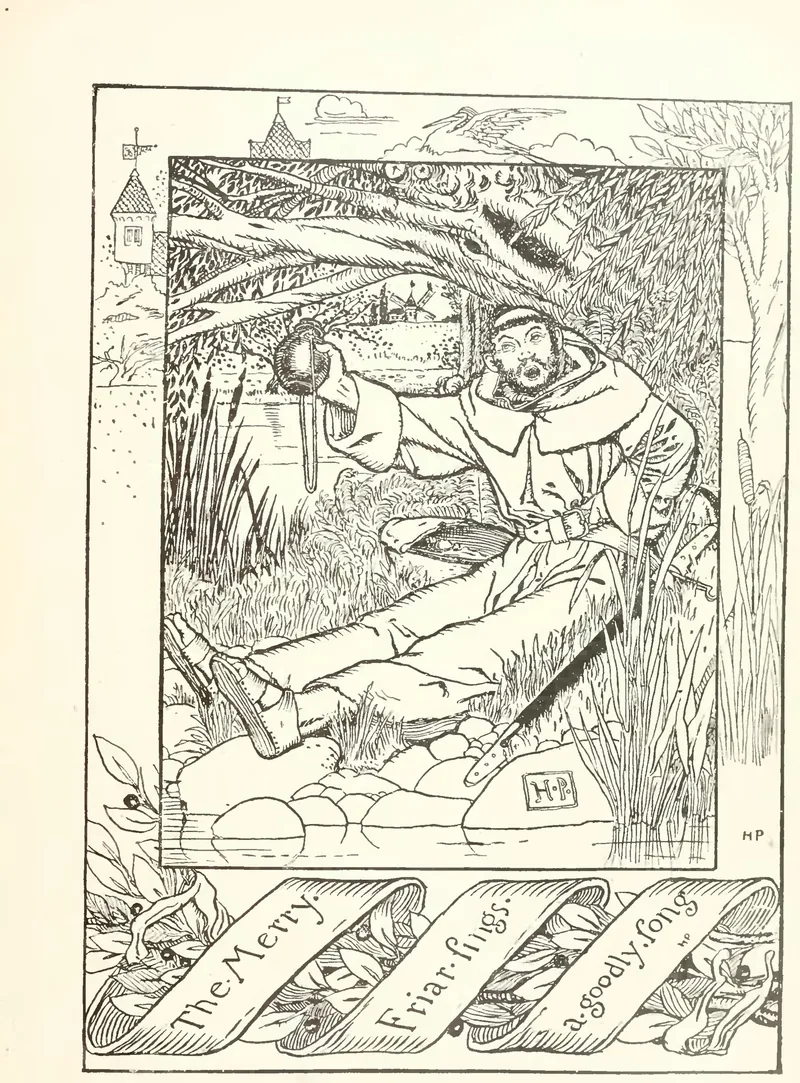 Howard Pyle pen drawing of a friar singing in the forest