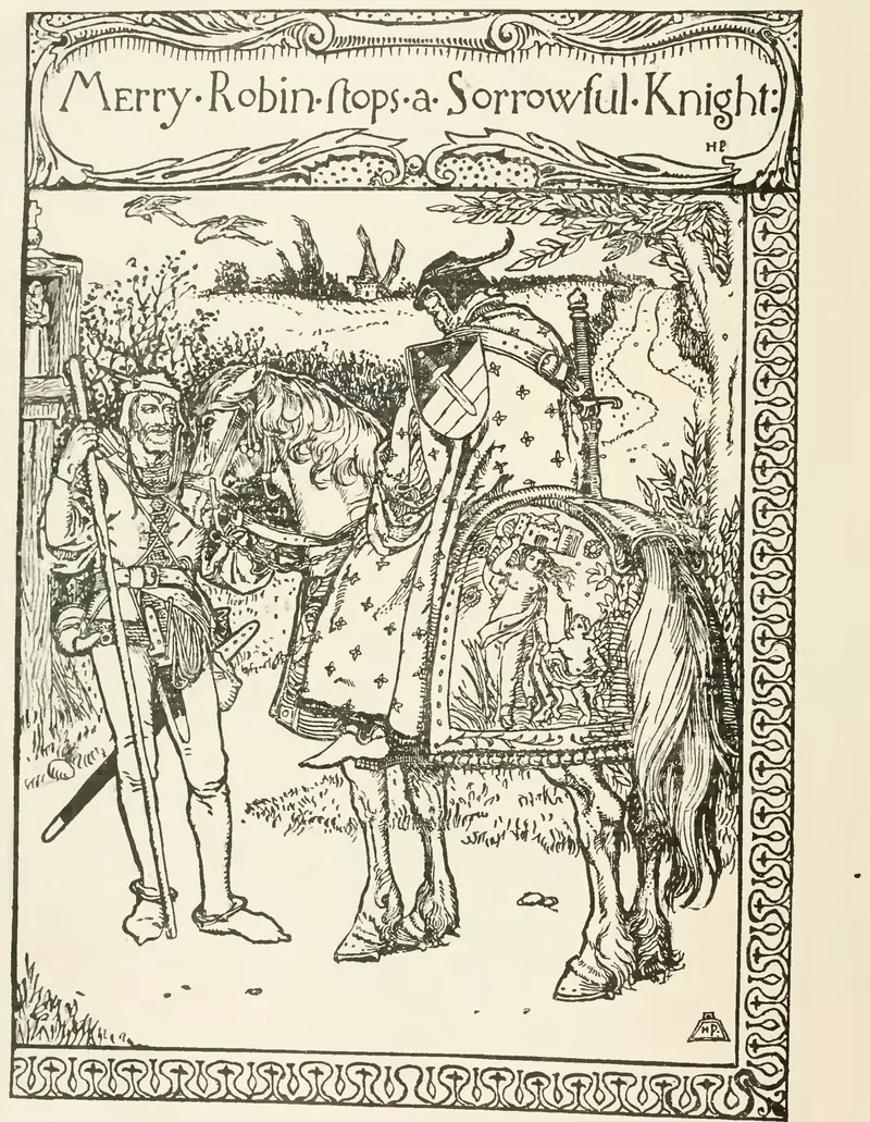 Howard Pyle pen drawing of Robin Hood stopping a knight on horseback in the forest