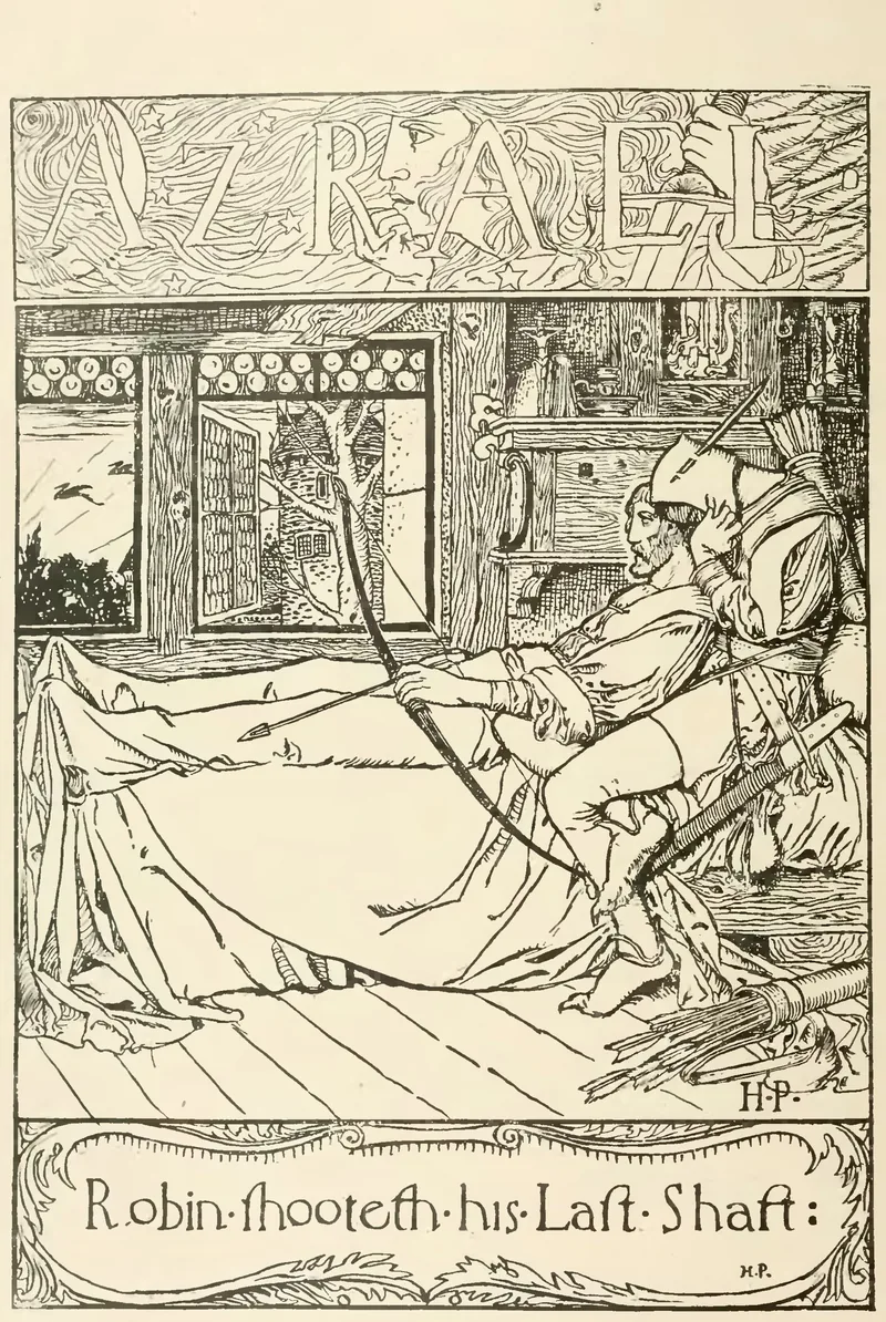 Howard Pyle pen drawing of Robin Hood sitting up in bed and drawing his bow towards an open window