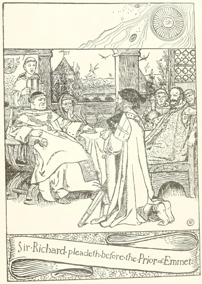 Howard Pyle pen drawing of a knight pleading before a seated prior