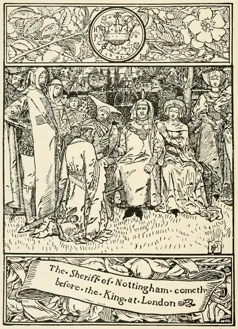 Howard Pyle pen drawing of the Sheriff of Nottingham appearing before the King and his court