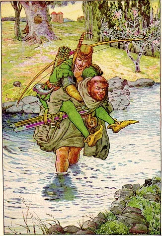 Louis Rhead colour illustration of the friar carrying Robin on his back across a stream