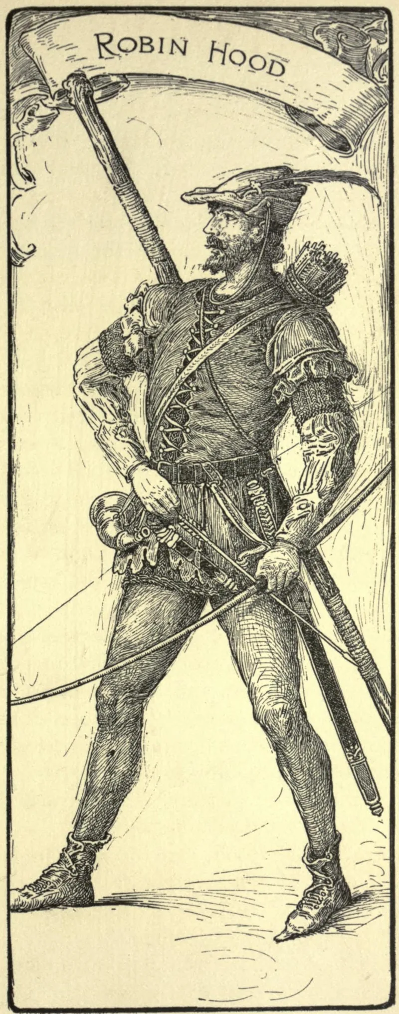 Louis Rhead drawing of Robin Hood standing with a longbow